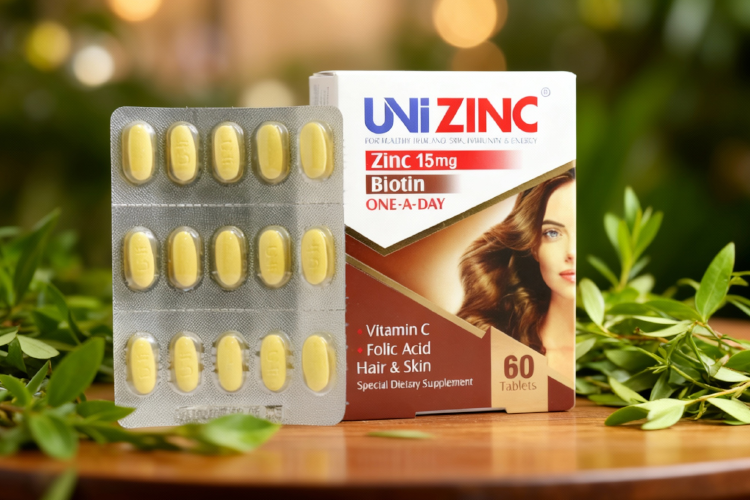 بسته بندی قرص زینک در پس زمینه برگ روی میز